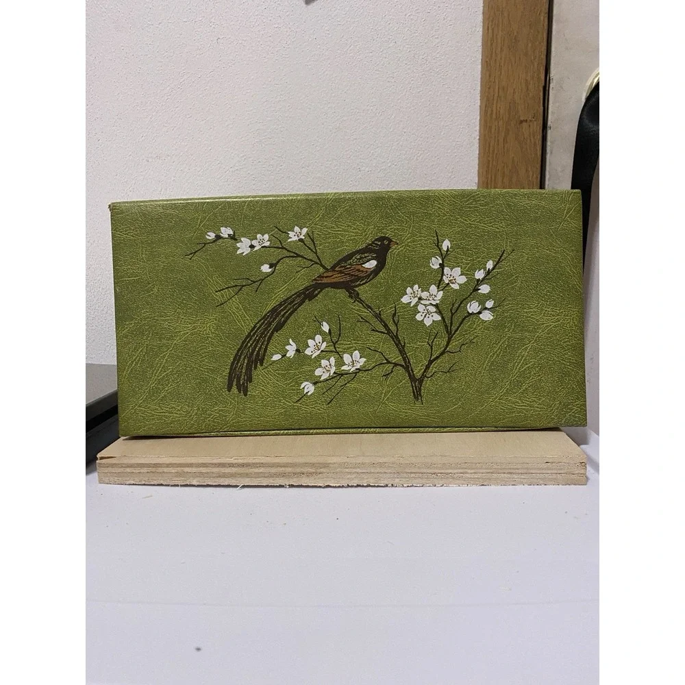 Vintage Value Village Green Make Up Storage Box With Bird And Flowers